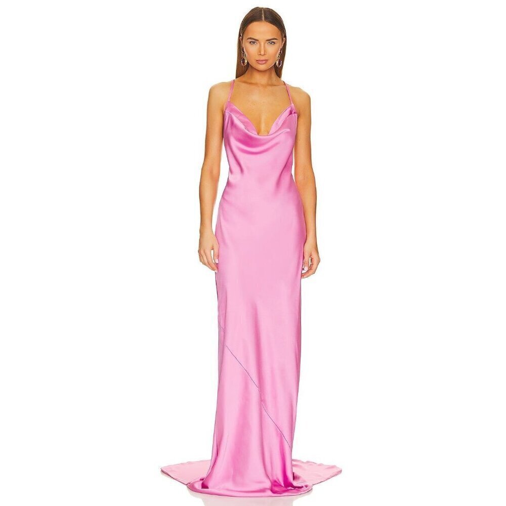 Norma Kamali Pink Satin Cowl Neck Maxi Dress